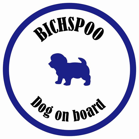 カラフル Dog on board 丸型 ビションプー ホワイト&ネイビー 直径13cm シール カーステッカー