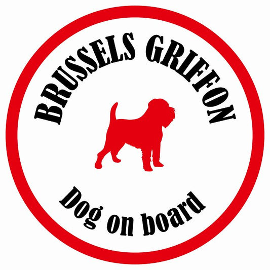 カラフル Dog on board 丸型 ブリュッセル・グリフォン ホワイト&レッド 直径13cm シール カーステッカー