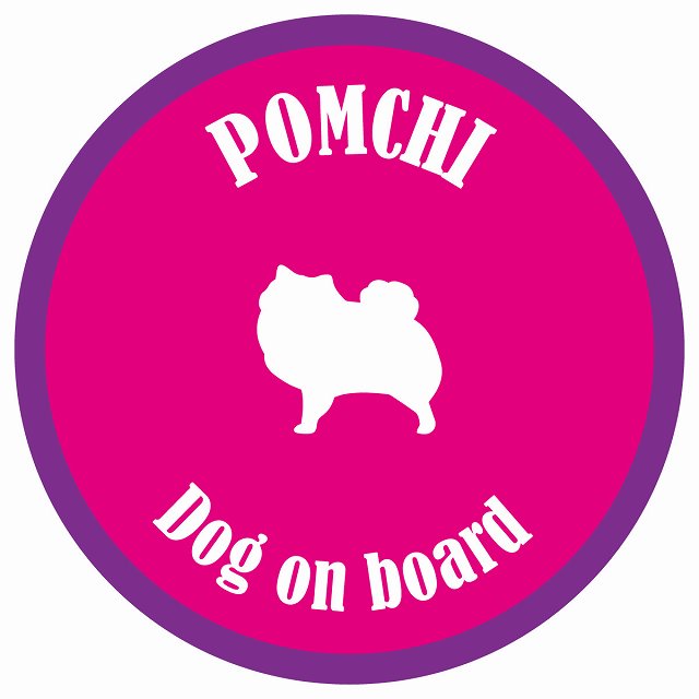 カラフル Dog on board 丸型 ポメチワ ピンク&パープル 直径13cm シール カーステッカー