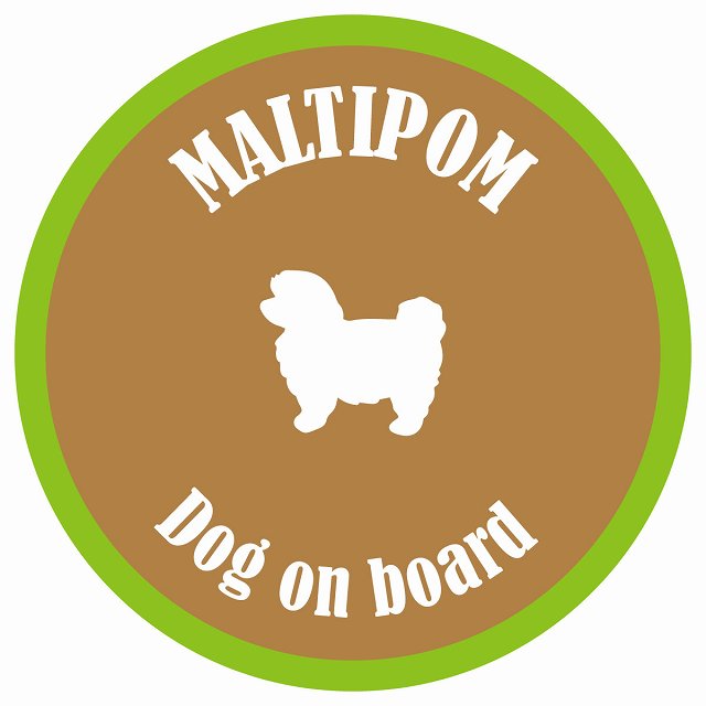 カラフル Dog on board 丸型 ポメマル ブラウン&グリーン 直径13cm シール カーステッカー