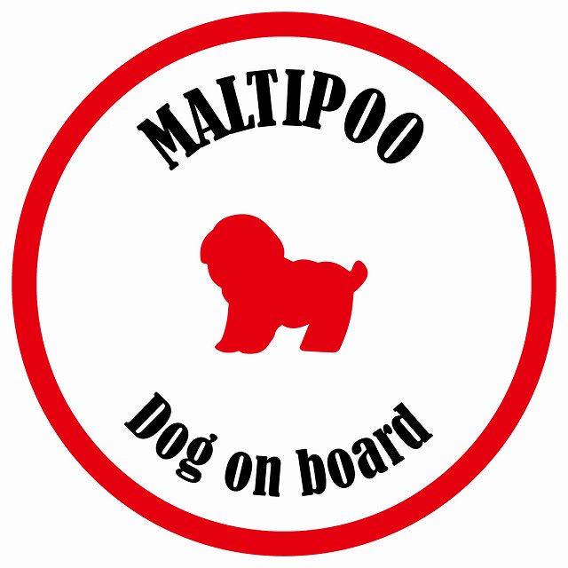 カラフル Dog on board 丸型 マルプー ホワイト&レッド 直径13cm シール カーステッカー