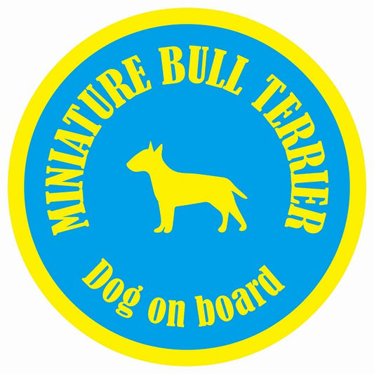 カラフル Dog on board 丸型 ミニチュアブルテリア ブルー&イエロー 直径13cm