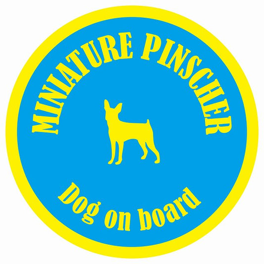 カラフル Dog on board 丸型 ミニチュアピンシャー ブルー&イエロー 直径13cm