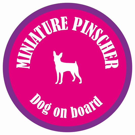 カラフル Dog on board 丸型 ミニチュアピンシャー ピンク&パープル 直径13cm