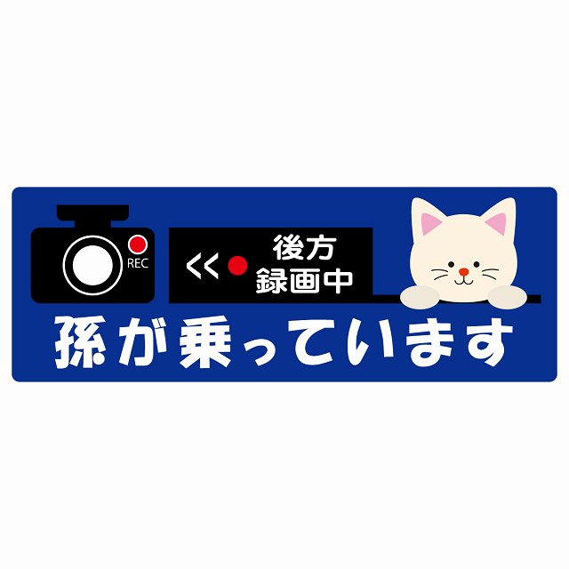 孫が乗っています 後方録画中 ねこ ネイビー ステッカー 14x5cm 長方形