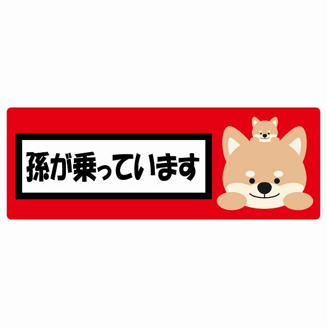 孫が乗っています 祖父母と孫 いぬ レッド ステッカー 14x5cm 長方形