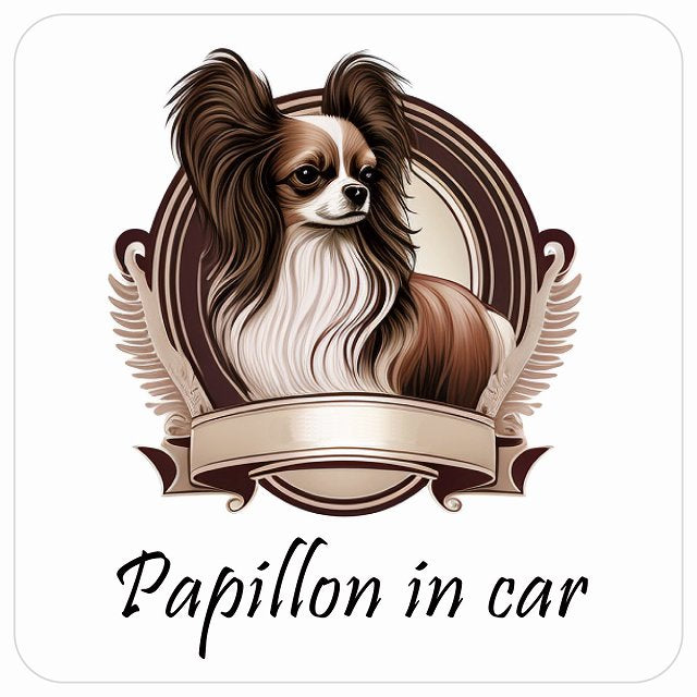 イラスト付 Dog in Car パピヨン Bタイプ ステッカー 正方形 13x13cm シール カーステッカー