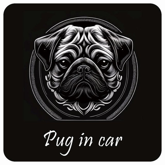 イラスト付 Dog in Car パグ B タイプ ステッカー 正方形 13x13cm シール カーステッカー