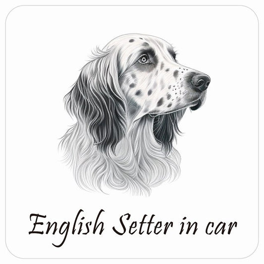 イラスト付 Dog in Car イングリッシュセター Aタイプ ステッカー 正方形 13x13cm シール カーステッカー