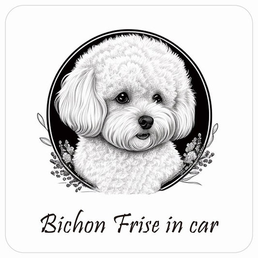 イラスト付 Dog in Car ビションフリーゼ Aタイプ ステッカー 正方形 13x13cm シール カーステッカー