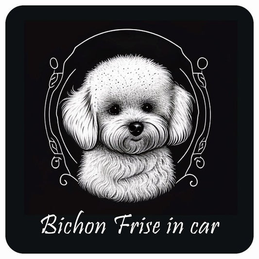 イラスト付 Dog in Car ビションフリーゼ B タイプ ステッカー 正方形 13x13cm シール カーステッカー