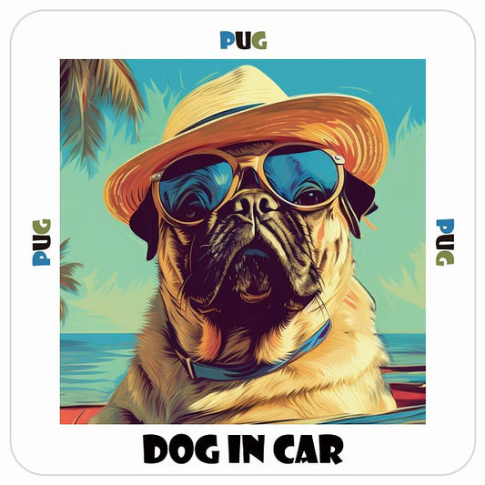 Pug パグ ドッグインカー DOG IN CAR 麦わら帽子 サングラス 夏 ステッカー 13x13cm 正方形 シール カーステッカー
