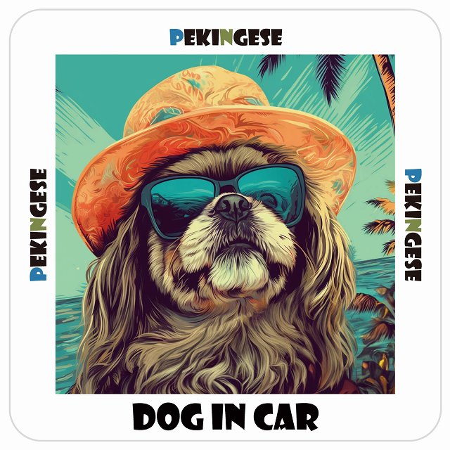 Pekingese ペキニーズ DOG IN CAR 海 麦わら帽子 サングラス 夏 ステッカー 13x13cm 正方形 シール カーステッカー