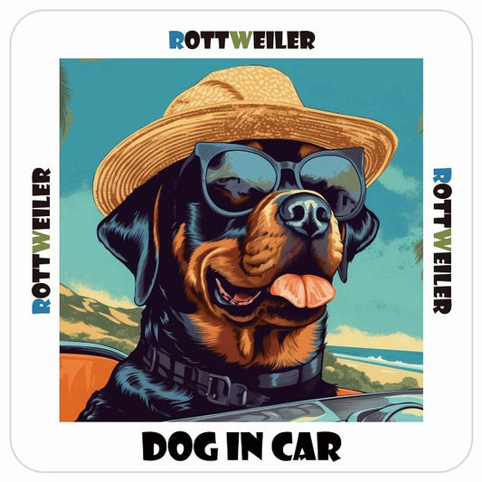 Rottweiler ロットワイラー DOG IN CAR 海 麦わら帽子 サングラス 夏 ステッカー 13x13cm 正方形 シール カーステッカー