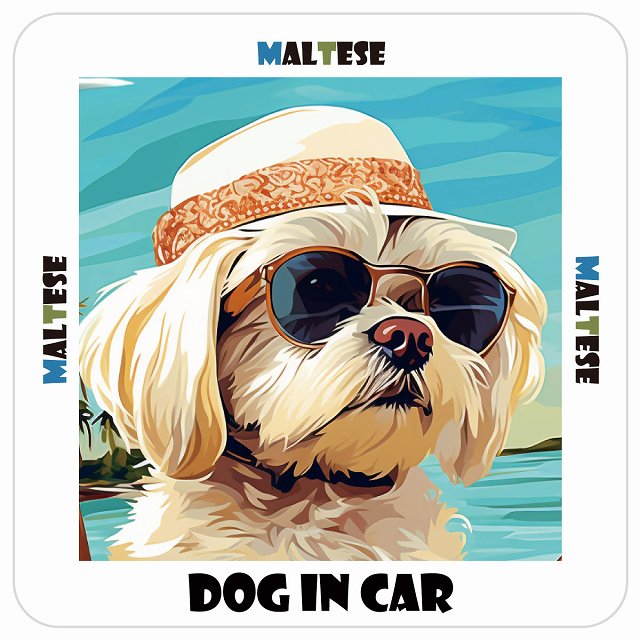 Maltese マルチーズ DOG IN CAR 海 麦わら帽子 サングラス 夏 ステッカー 13x13cm 正方形 シール カーステッカー