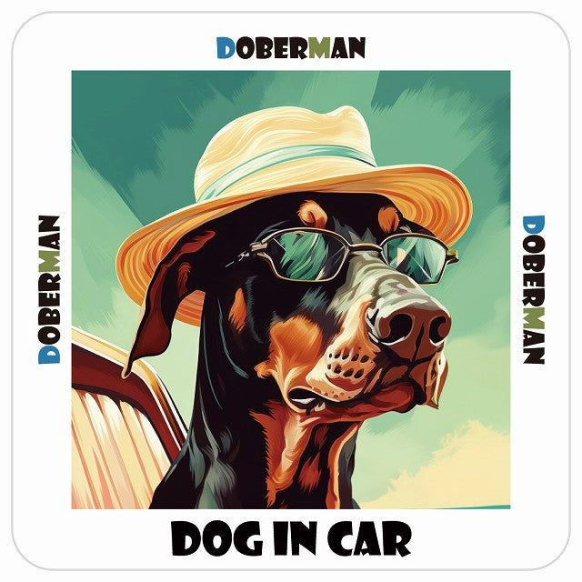 Doberman ドーベルマン DOG IN CAR 海 麦わら帽子 サングラス 夏 ステッカー 13x13cm 正方形 シール カーステッカー