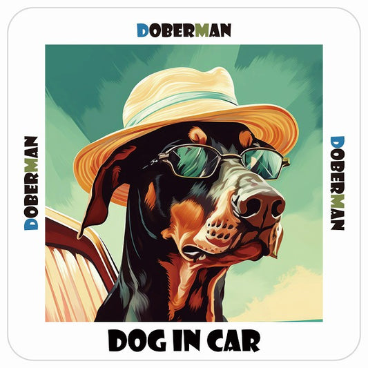 Doberman ドーベルマン DOG IN CAR 海 麦わら帽子 サングラス 夏 ステッカー 13x13cm 正方形 シール カーステッカー