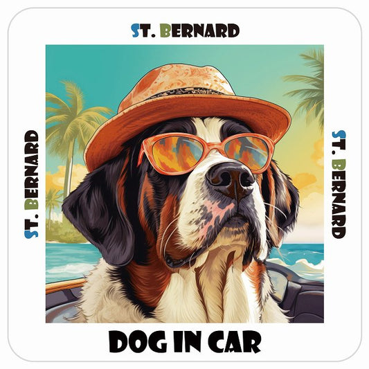 St. Bernard セントバーナード DOG IN CAR 海 麦わら帽子 サングラス 夏 ステッカー 13x13cm 正方形 シール カーステッカー