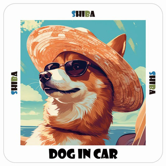 Shiba 柴犬 DOG IN CAR 海 麦わら帽子 サングラス 夏 ステッカー 13x13cm 正方形 シール カーステッカー