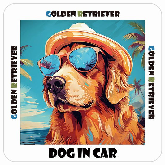 Golden Retriever ゴールデンレトリバー カーDOG IN CAR 海 麦わら帽子 サングラス 夏 ステッカー 13x13cm 正方形