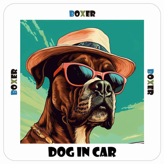 Boxer ボクサー DOG IN CAR 海 麦わら帽子 サングラス 夏 ステッカー 13x13cm 正方形 シール カーステッカー