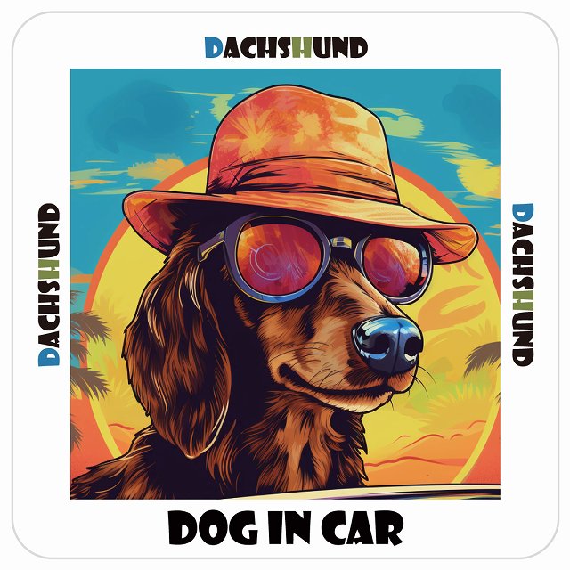 Dachshund ダックスフント DOG IN CAR 海 麦わら帽子 サングラス 夏 ステッカー 13x13cm 正方形 シール カーステッカー