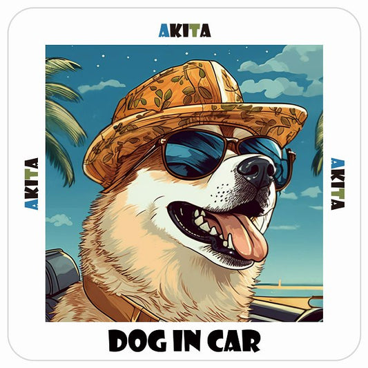 Akita 秋田犬 DOG IN CAR 麦わら帽子 サングラス 夏 ステッカー 13x13cm 正方形 シール カーステッカー