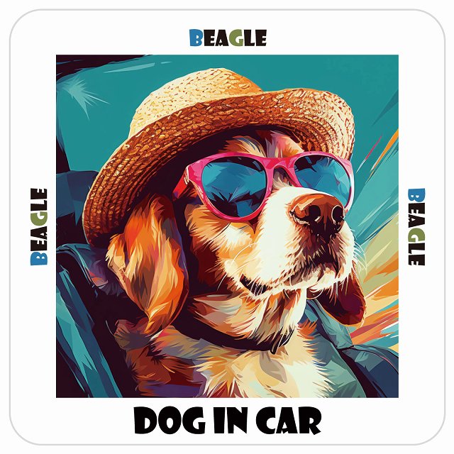 Beagle ビーグル DOG IN CAR 海 麦わら帽子 サングラス 夏 ステッカー 13x13cm 正方形 シール カーステッカー