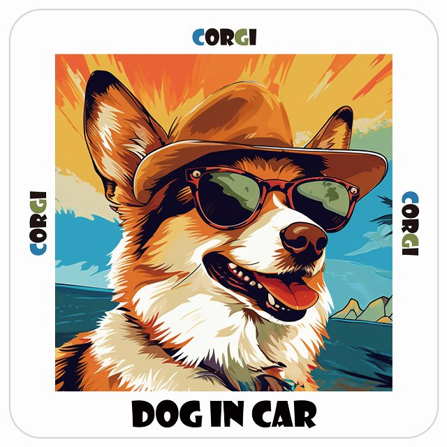 Corgi コーギー DOG IN CAR 海 麦わら帽子 サングラス 夏 ステッカー 13x13cm 正方形 シール カーステッカー