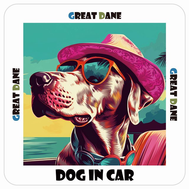 Great Dane グレートデーン DOG IN CAR 海 麦わら帽子 サングラス 夏 ステッカー 13x13cm 正方形 シール カーステッカー