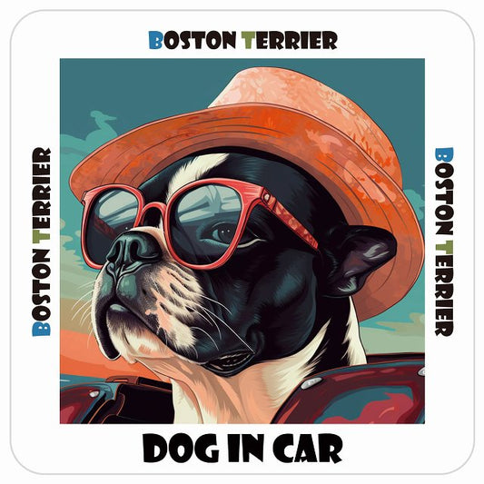 Boston Terrier ボストンテリア DOG IN CAR 海 麦わら帽子 サングラス 夏 ステッカー 13x13cm 正方形 シール カーステッカー