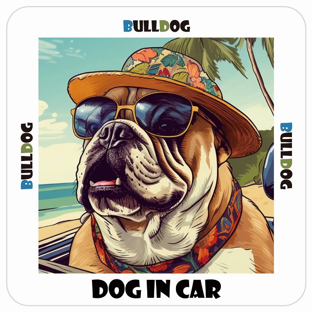 Bulldog ブルドッグ DOG IN CAR 海 麦わら帽子 サングラス 夏 ステッカー 13x13cm 正方形 シール カーステッカー