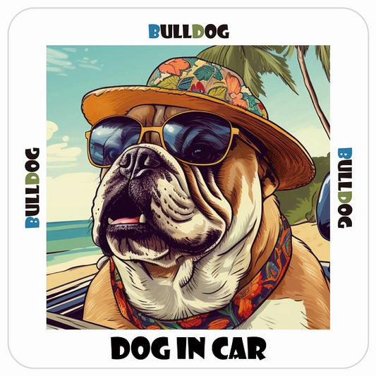Bulldog ブルドッグ DOG IN CAR 海 麦わら帽子 サングラス 夏 ステッカー 13x13cm 正方形 シール カーステッカー