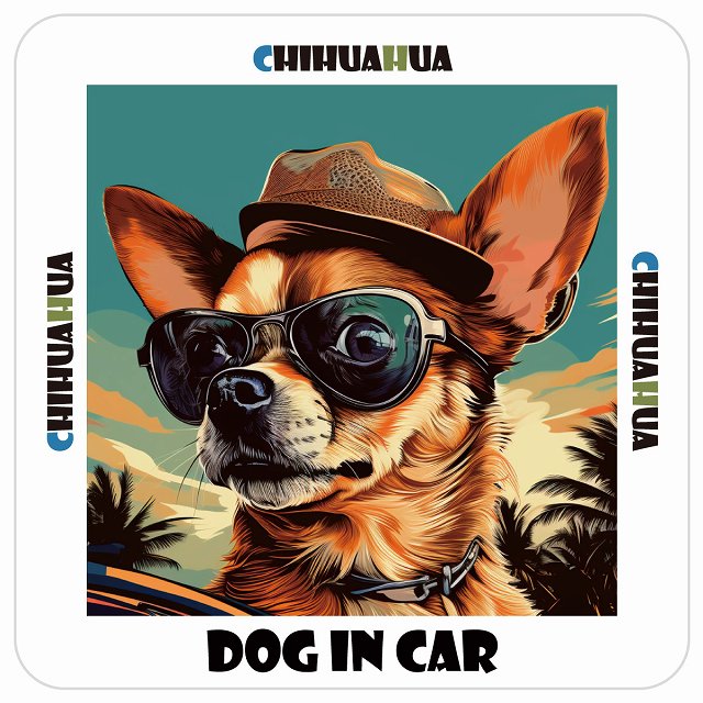 Chihuahua チワワ DOG IN CAR 海 麦わら帽子 サングラス 夏 ステッカー 13x13cm 正方形 シール カーステッカー