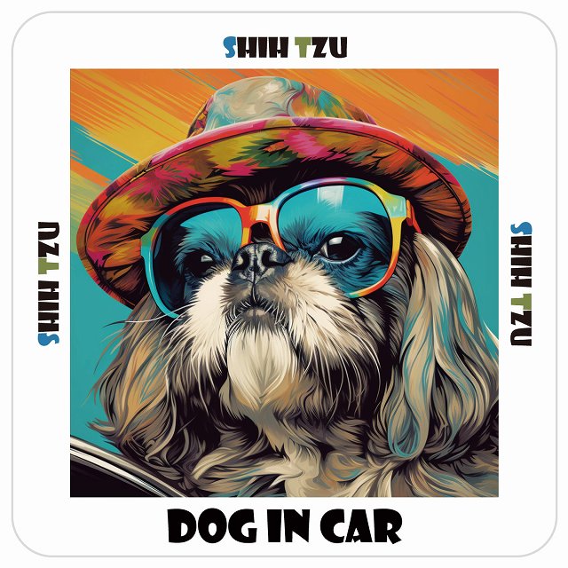Shih Tzu シーズー DOG IN CAR 海 麦わら帽子 サングラス 夏 ステッカー 13x13cm 正方形 シール カーステッカー