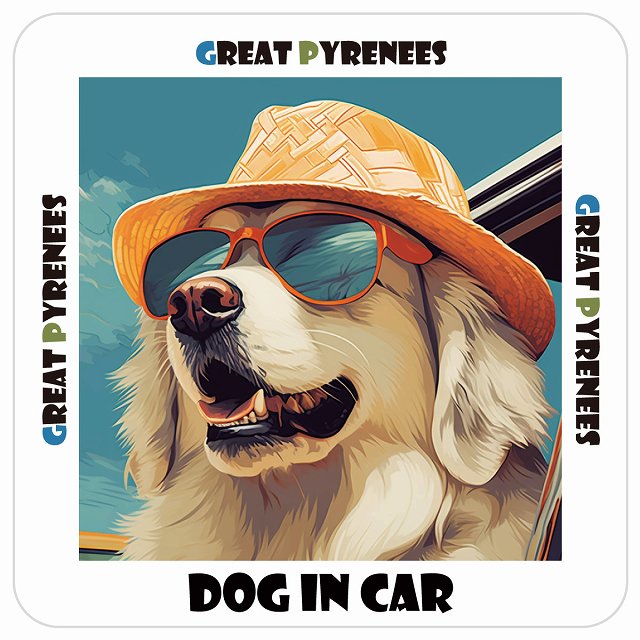 Great Pyrenees グレートピレニーズ DOG IN CAR 海 麦わら帽子 サングラス 夏 ステッカー 13x13cm 正方形 シール カーステッカー
