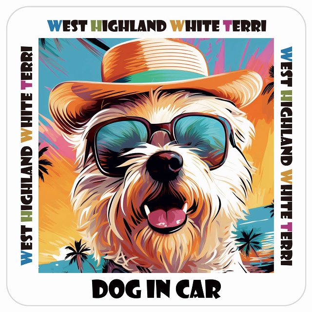 West Highland White Terrier ウエストハイランドホワイトテリア DOG IN CAR 海 麦わら帽子 サングラス 夏 ステッカー 13x13cm 正方形 シール カーステッカー
