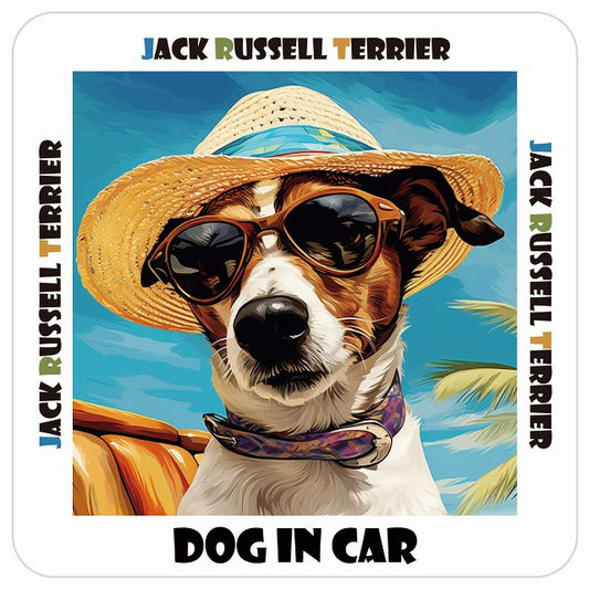 Jack Russell Terrier ジャックラッセルテリア DOG IN CAR 海 麦わら帽子 サングラス 夏 ステッカー 13x13cm 正方形 シール カーステッカー