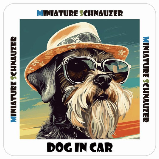 Miniature Schnauzer ミニチュアシュナウザー DOG IN CAR 海 麦わら帽子 サングラス 夏 ステッカー 13x13cm 正方形 シール カーステッカー