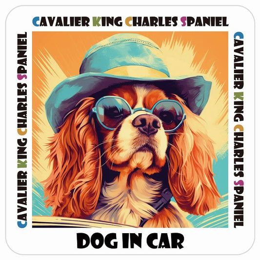 Cavalier King Charles Spaniel キャバリアキングチャールズスパニエル DOG IN CAR 海 麦わら帽子 サングラス 夏 ステッカー 13x13cm 正方形 シール カーステッカー