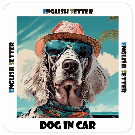 English Setter イングリッシュセッター DOG IN CAR 海 麦わら帽子 サングラス 夏 ステッカー 13x13cm 正方形 シール カーステッカー