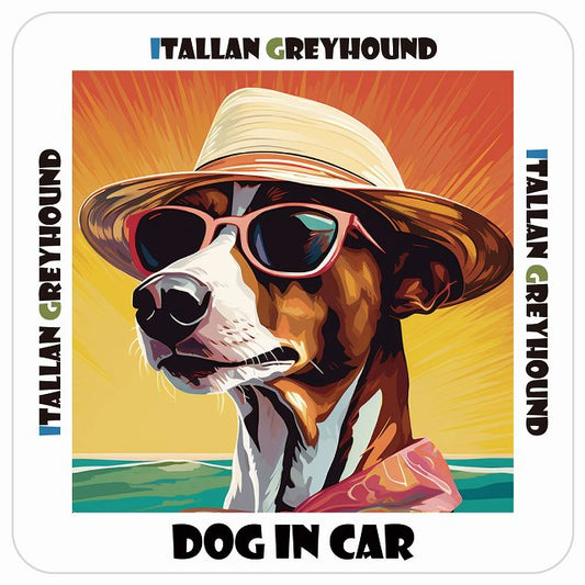 Itallan Greyhound イタリアングレーハウンド DOG IN CAR 海 麦わら帽子 サングラス 夏 ステッカー 13x13cm 正方形 シール カーステッカー