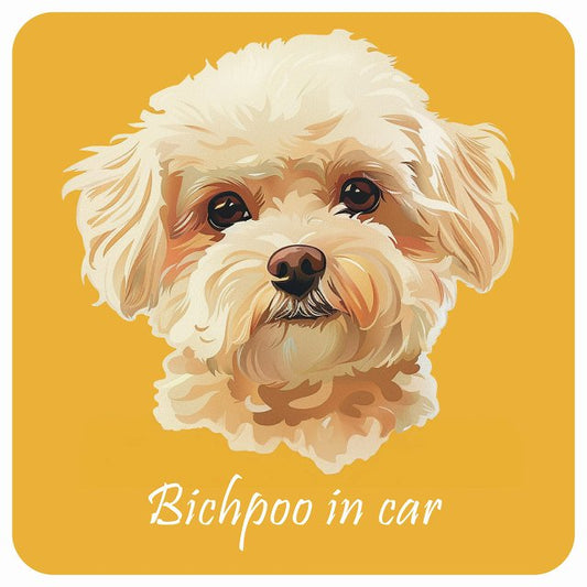 イラスト付 Dog in Car ビションプー Bタイプ ステッカー 正方形 13x13cm シール カーステッカー
