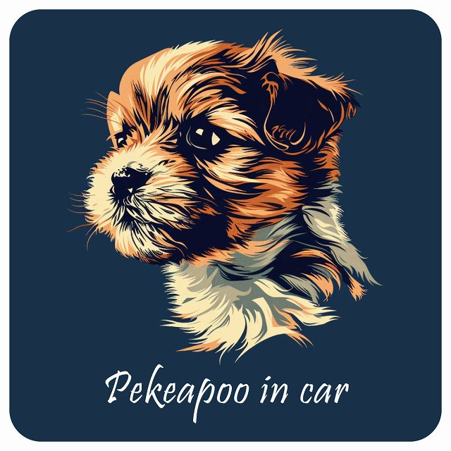 イラスト付 Dog in Car ペキプー Aタイプ ステッカー 正方形 13x13cm シール カーステッカー