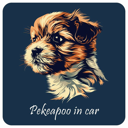 イラスト付 Dog in Car ペキプー Aタイプ ステッカー 正方形 13x13cm シール カーステッカー