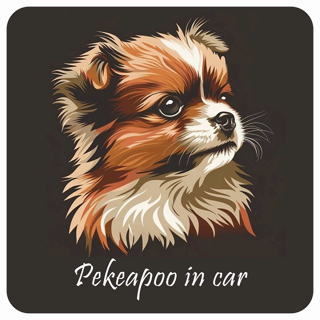 イラスト付 Dog in Car ペキプー Bタイプ ステッカー 正方形 13x13cm シール カーステッカー