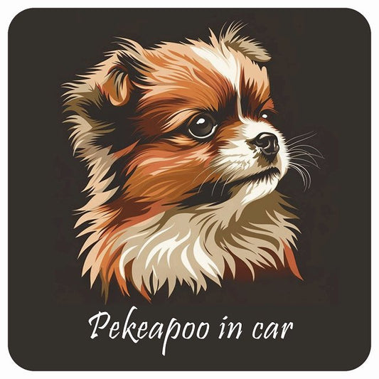 イラスト付 Dog in Car ペキプー Bタイプ ステッカー 正方形 13x13cm シール カーステッカー