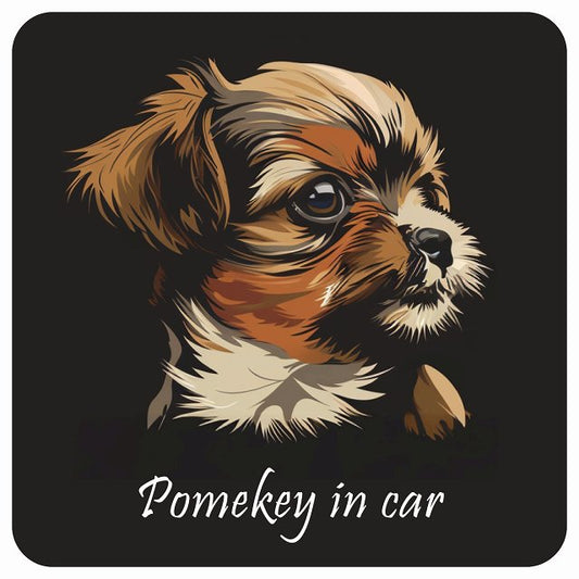 イラスト付 Dog in Car ポメキー Aタイプ ステッカー 正方形 13x13cm シール カーステッカー