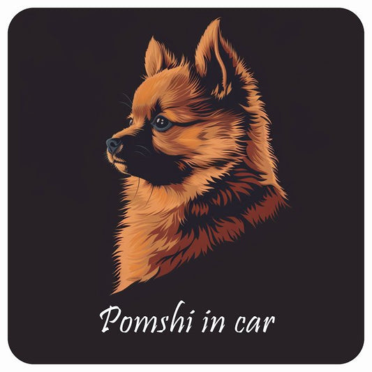 イラスト付 Dog in Car ポメ柴 Aタイプ ステッカー 正方形 13x13cm シール カーステッカー