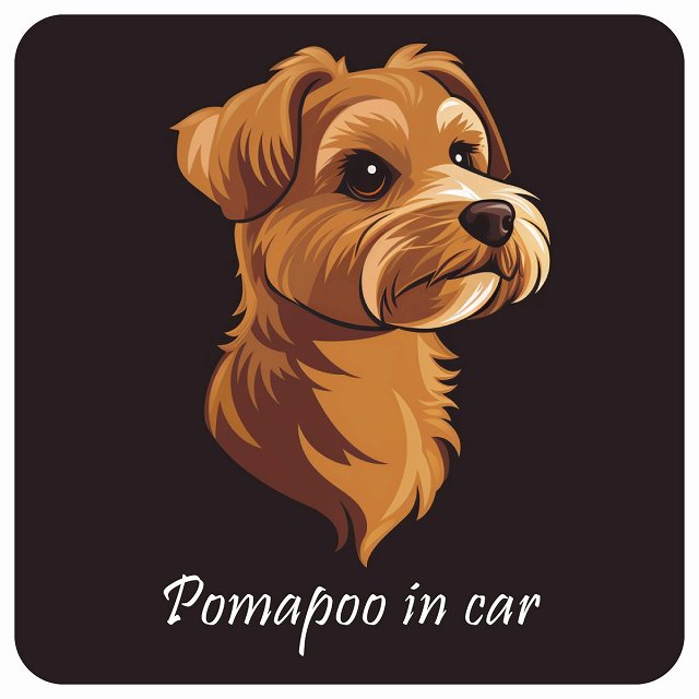イラスト付 Dog in Car ポメプー Bタイプ ステッカー 正方形 13x13cm シール カーステッカー